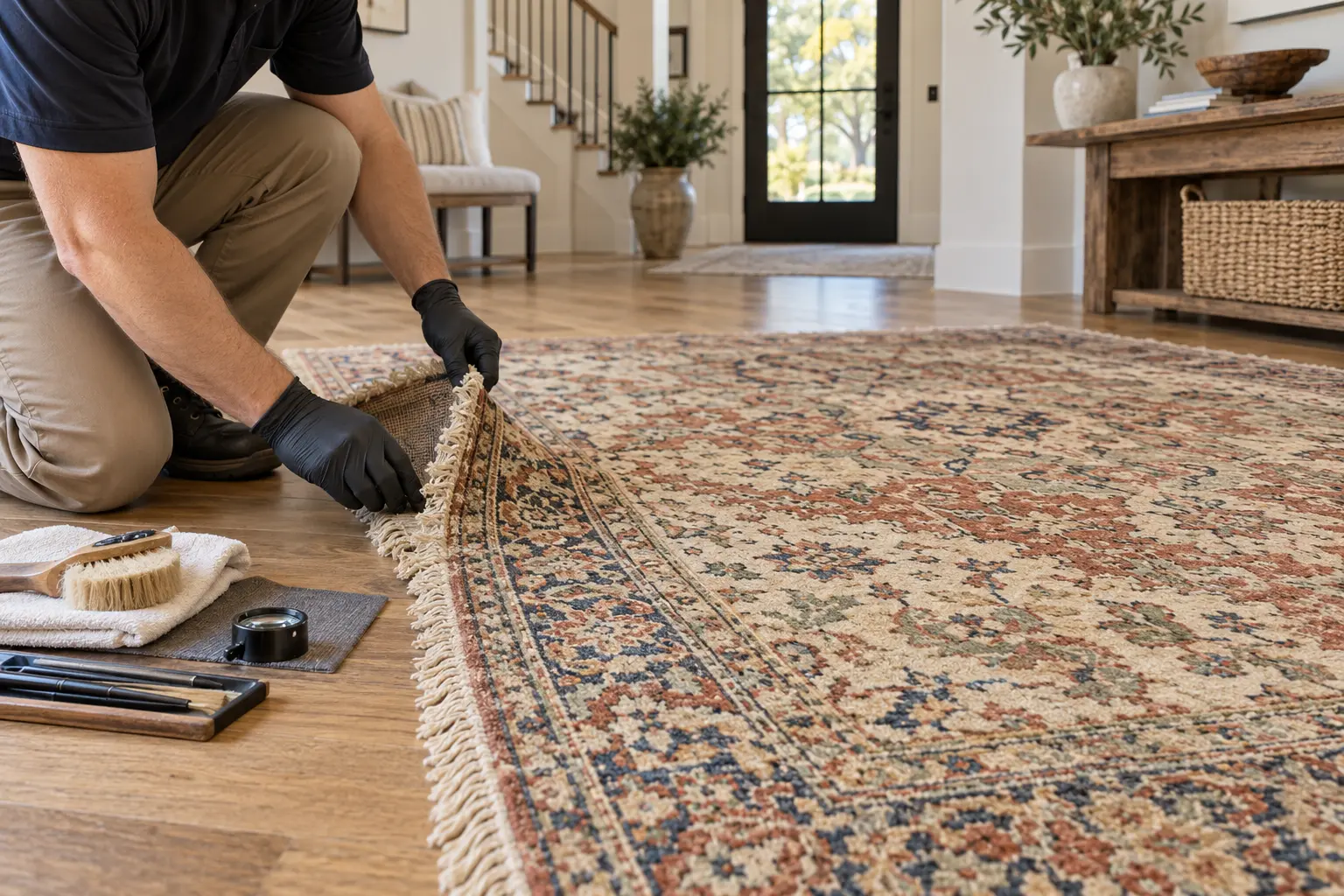 Careful evaluation of wool area rug fiber fringe and backing in a Celina home