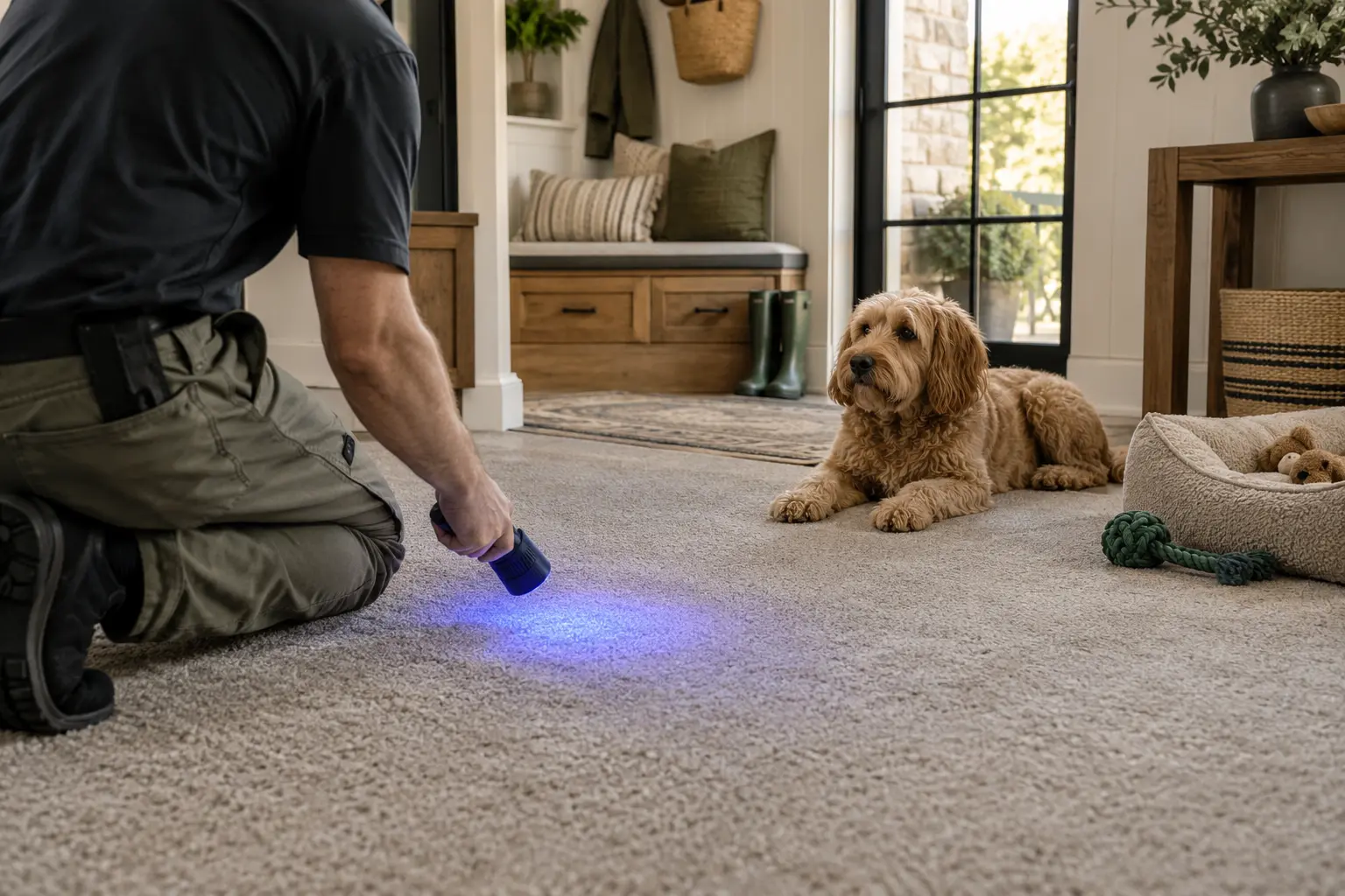Professional UV inspection for pet-related carpet concerns in a Celina home