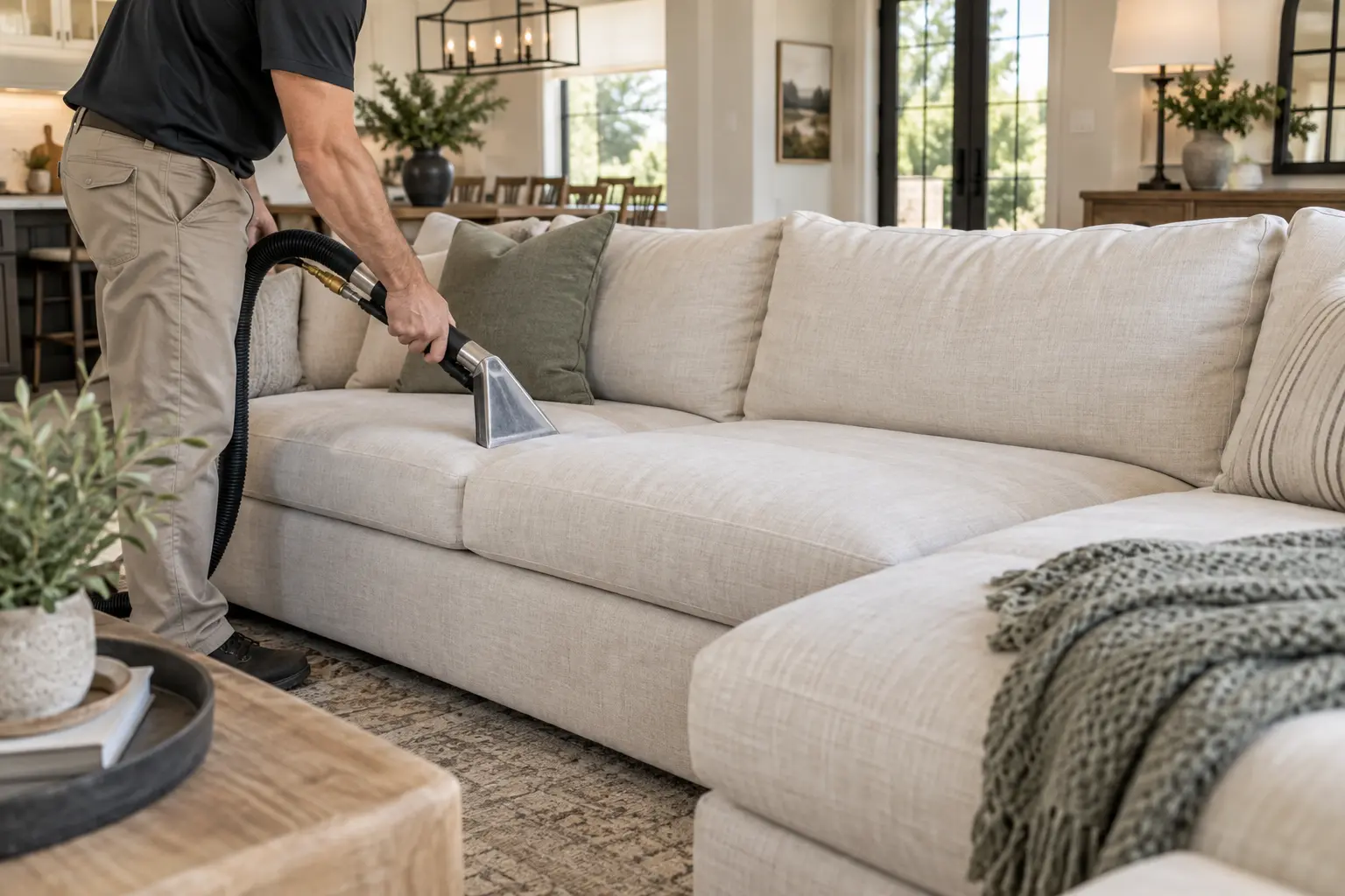 Professional upholstery cleaning of a light linen sectional in a Celina home
